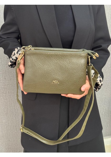 ,üç Bölmeli,fermuar Detaylı ,haki Bayan Çapraz Çantası