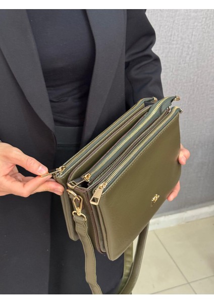 ,üç Bölmeli,fermuar Detaylı ,haki Bayan Çapraz Çantası fiyatları