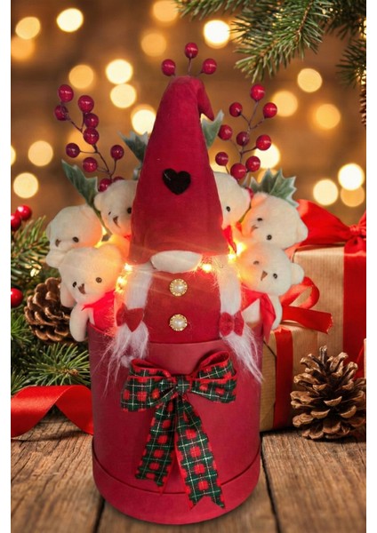 Yeniyıl Özel Seri: LED Işıklı, Noel Elf Cüce Figürlü, Kalp Balon ve 6 Ayıcıklı Özel Konsept Tasarım Ayıcık Buketi