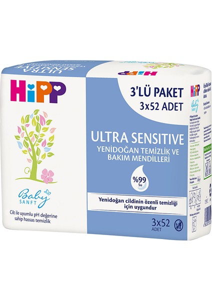 Ultra Sensitive Yenidoğan Temizlik ve Bakım Mendili 3X52 Adet (5 Adet)