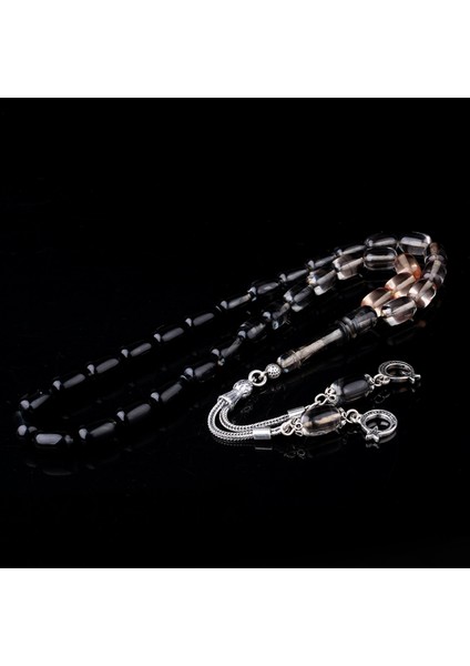 Süzme Renk Kapsül Kesim 925 Ayar Gümüş Püsküllü Ateş Kehribar Tesbih