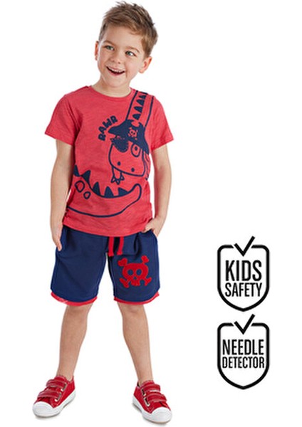 Korsan Dino Temalı Erkek Çocuk T-Shirt Şort Takım %100 Pamuklu Eğlenceli Tasarım
