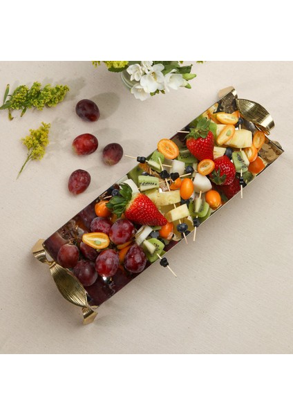 Leaf İkramlık Şık Altın Detaylı Metal Servis Tabak 37x12x8 cm Modern Tasarım