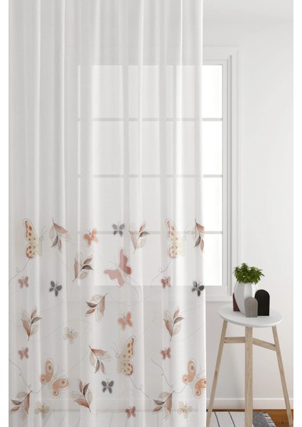 Tül Perde Seyrek Pile (1 x 2) Beyaz Zemin Kelebek Desenli Salon & Oturma Odası Tül Perde modelleri