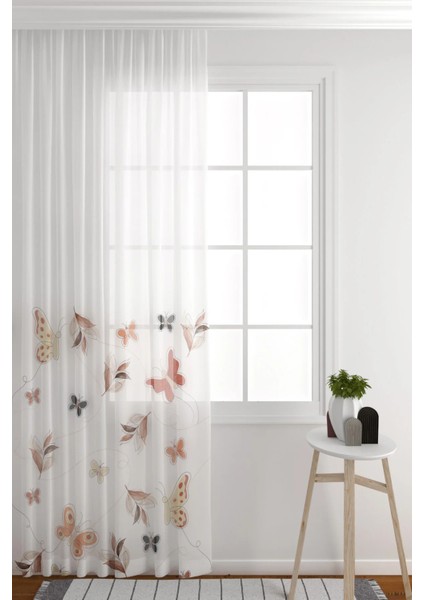 Tül Perde Seyrek Pile (1 x 2) Beyaz Zemin Kelebek Desenli Salon & Oturma Odası Tül Perde