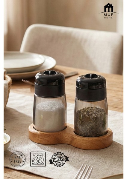Ahşap Standlı 2'li Cam Tuzluk Karabiberlik Seti - Modern Baharat Takımı - Ayarlanabilir Kapak