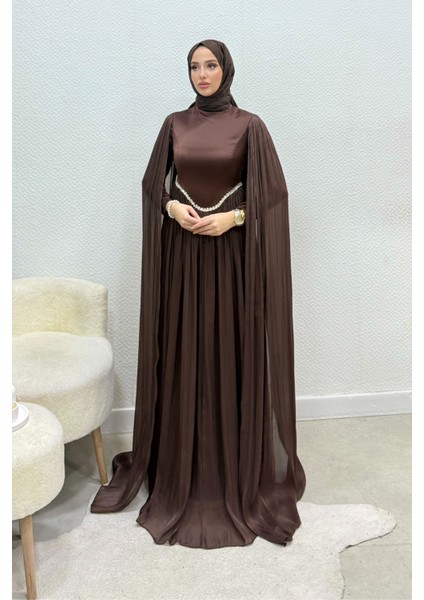 Nual Pelerinli Taş Işlemeli Tesettür Abiye- Acı Kahve