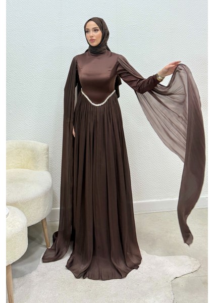 Nual Pelerinli Taş Işlemeli Tesettür Abiye- Acı Kahve modelleri