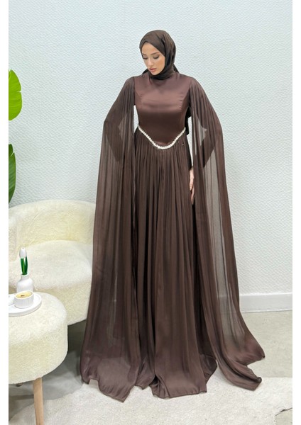 Nual Pelerinli Taş Işlemeli Tesettür Abiye- Acı Kahve indirimleri