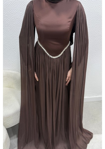 Nual Pelerinli Taş Işlemeli Tesettür Abiye- Acı Kahve