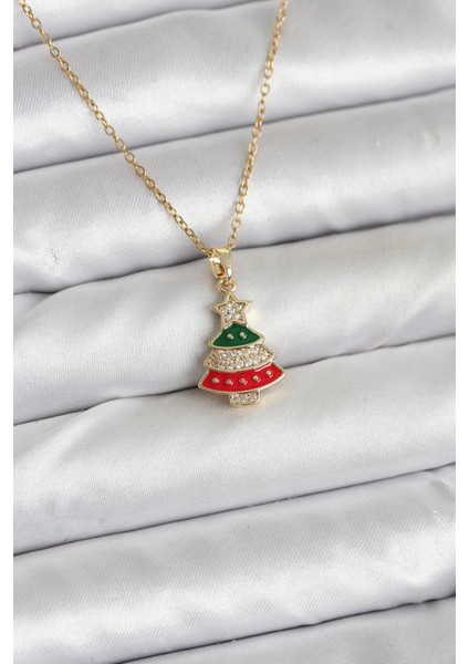 316L Çelik Zincir Gold Ren Çam Ağacı Model Zirkon Taşlı Yılbaşı Temalı Kadın Kolye