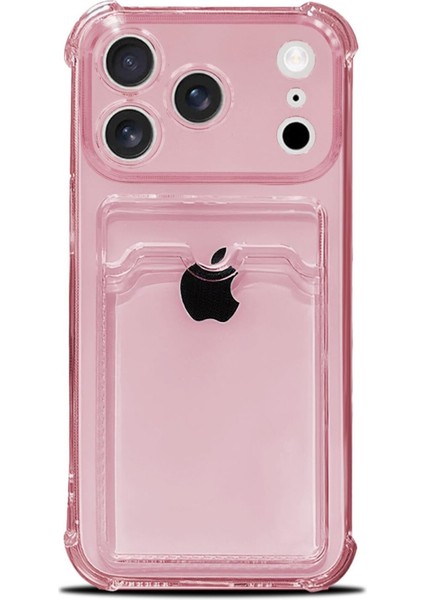 Apple iPhone 17 Pro Kılıf Kartlıklı Anti Şok Korumalı Şeffaf Silikon Pembe
