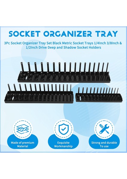 3pc Socket Organizatör Tepsi Seti Siyah Metrik Soket Tepsileri 1/4inch 3/8inch &amp; 1/2inch Derin ve Gölge Soket Tutucuları (Yurt Dışından) fırsatları