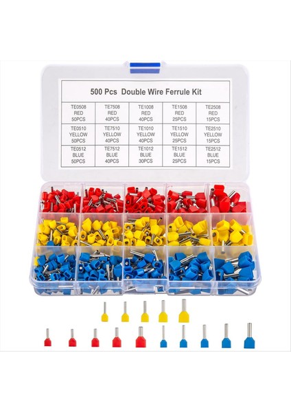 Çift Telli Ferrules Kiti, 500PCS Tel Ferrule Terminaller, Yalıtımlı Ferrule Kesim Pim Terminalleri, Kordon Pimi End Terminali (Yurt Dışından)