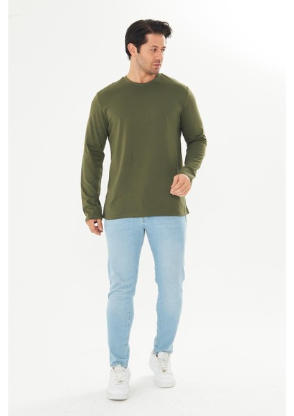 Erkek Pamuklu Bisiklet Yaka Uzun Kollu Tişört Haki 5020-H