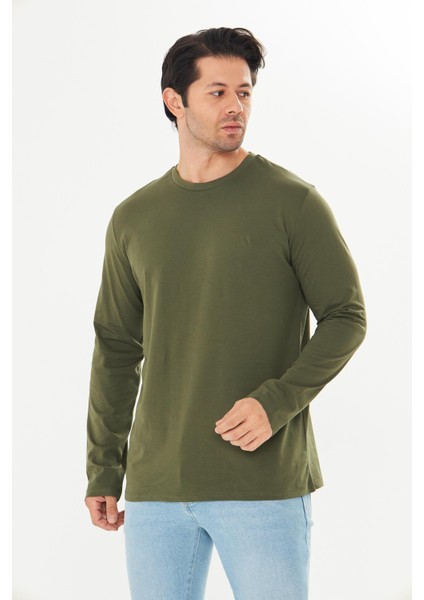 Erkek Pamuklu Bisiklet Yaka Uzun Kollu Tişört Haki 5020-H fiyatları