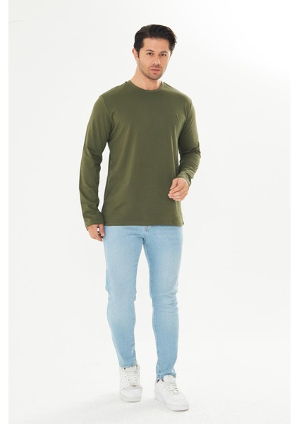 Erkek Pamuklu Bisiklet Yaka Uzun Kollu Tişört Haki 5020-H modelleri