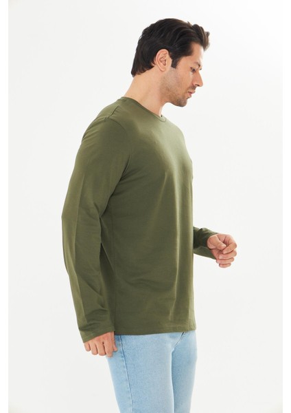 Erkek Pamuklu Bisiklet Yaka Uzun Kollu Tişört Haki 5020-H fırsatları