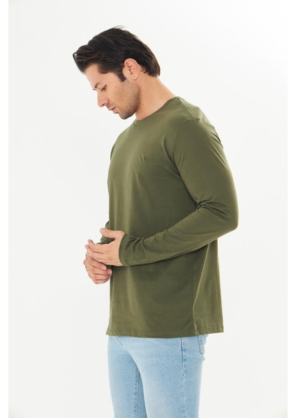 Erkek Pamuklu Bisiklet Yaka Uzun Kollu Tişört Haki 5020-H indirimleri