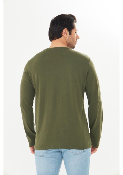 Erkek Pamuklu Bisiklet Yaka Uzun Kollu Tişört Haki 5020-H