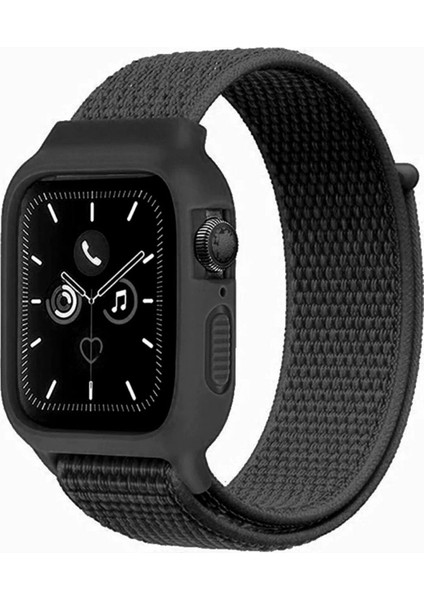 Apple Watch 38MM Hasırlı Cırtcırtlı Kasalı Kordon - Siyah