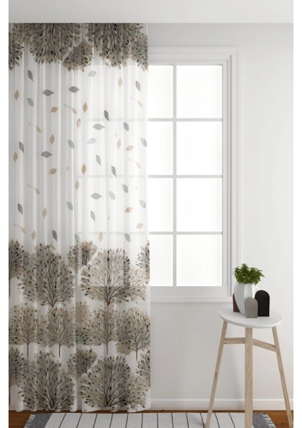 Tül Perde Iskandinav Bitki ve Ağaç Desenli Salon & Oturma Odası Tül Perde Seyrek Pile (1x2)