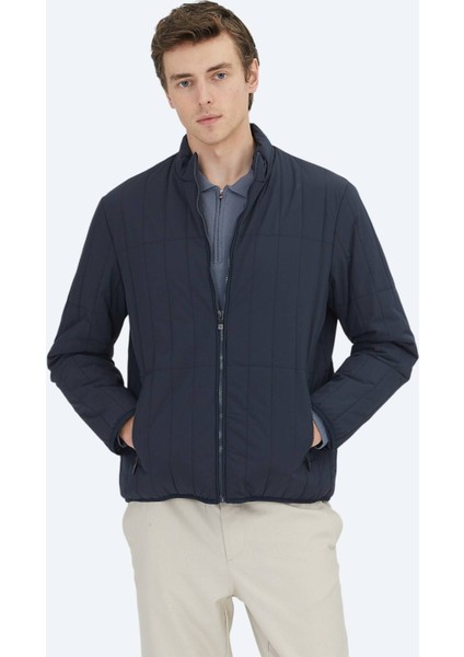 Lacivert Regular Fit Dik Yaka Casual Dokuma Mont