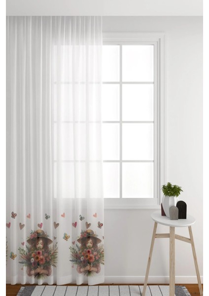 Tül Perde Seyrek Pile (1 x 2) Kalp Kelebek Kız Figürlü Desenli Genç & Hobi Odası Tül Perde