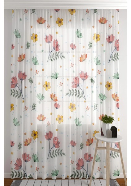 Tül Perde Beyaz Zemin Renkli Çiçekler Salon & Oturma Odası Tül Perde Seyrek Pile (1 x 2) fiyatları