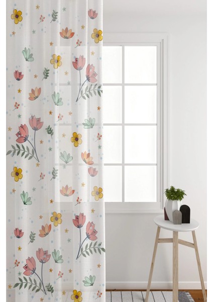Tül Perde Beyaz Zemin Renkli Çiçekler Salon & Oturma Odası Tül Perde Seyrek Pile (1 x 2) modelleri