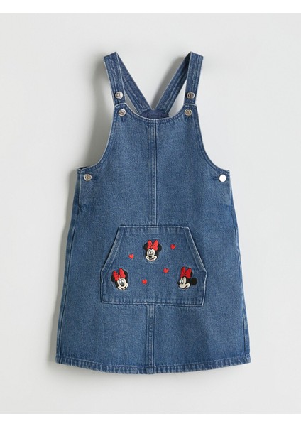 Yeni Sezon Minnie Mouse Nakışlı Kız Çocuk Jean Salopet Elbise