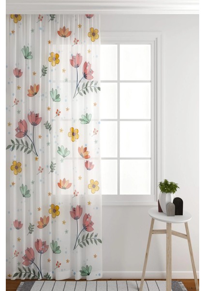 Tül Perde Beyaz Zemin Renkli Çiçekler Salon & Oturma Odası Tül Perde Seyrek Pile (1 x 2)