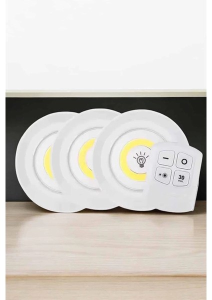 Spot Lamba LED Işık 3'lü Uzaktan Kumandalı Pilli Yapışkanlı Kablosuz
