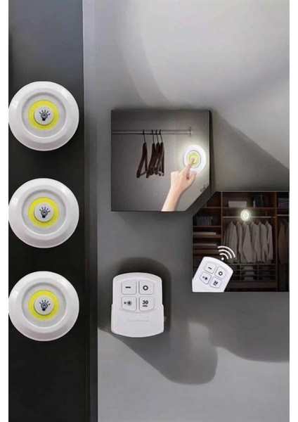 Spot Lamba LED Işık 3'lü Uzaktan Kumandalı Pilli Yapışkanlı Kablosuz fırsatları