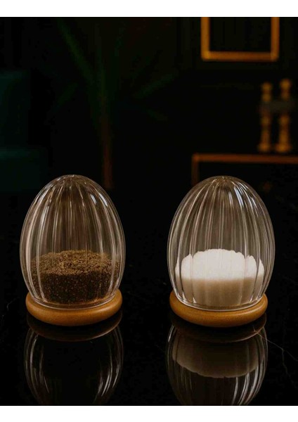 2 Li Bambu Kapaklı Çizgili Cam Tuzluk Karabiberlik – Borosilikat Kapaklı Sunum Seti ( 150 ml )