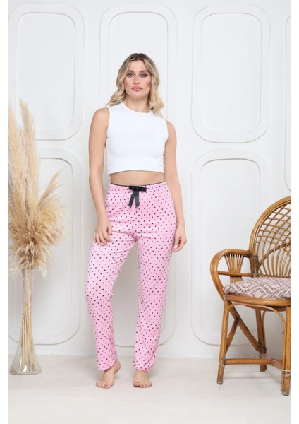 Kadife Pijama Altı Pembe Üzerine Siyah Pontiye Desenli Q7013