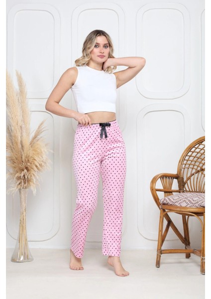 Kadife Pijama Altı Pembe Üzerine Siyah Pontiye Desenli Q7013 fiyatları