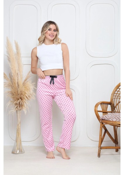 Kadife Pijama Altı Pembe Üzerine Siyah Pontiye Desenli Q7013 modelleri