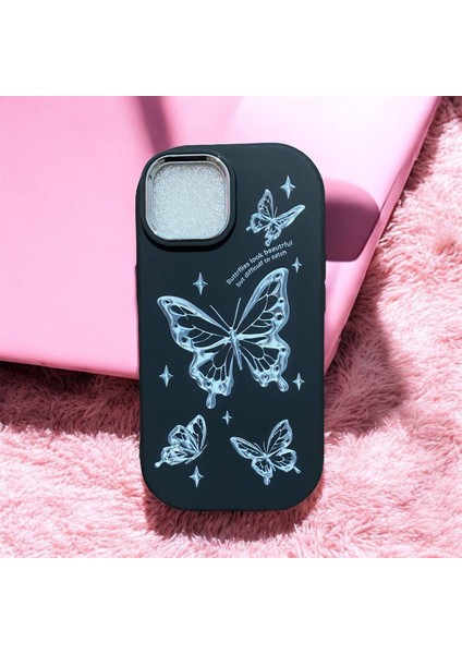 Apple Iphone 15 Yumuşak Silikon Kılıf Darbeye Dayanıklı Kelebek Desenli Kapak Siyah .