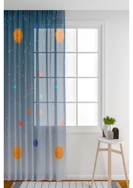 Tül Perde Seyrek Pile (1x2) Çocuk Odası Tül Perde Çocuk Odası Mavi Perde Gezegen Desenli Perde