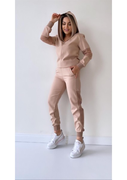 File Detaylı Kapüşonlu Eşofman Takımı Bej