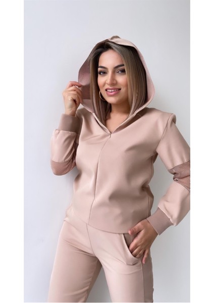 File Detaylı Kapüşonlu Eşofman Takımı Bej modelleri