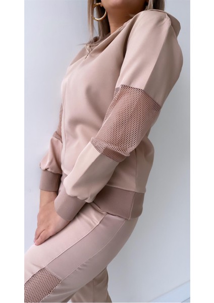 File Detaylı Kapüşonlu Eşofman Takımı Bej indirimleri