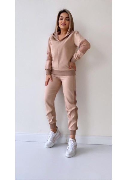 File Detaylı Kapüşonlu Eşofman Takımı Bej