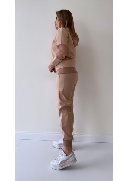 File Detaylı Kapüşonlu Eşofman Takımı Bej