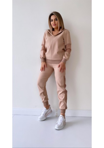 File Detaylı Kapüşonlu Eşofman Takımı Bej