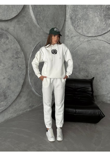 Üç Iplik Tasarım Biyeli Eşofman Takımı Ekru