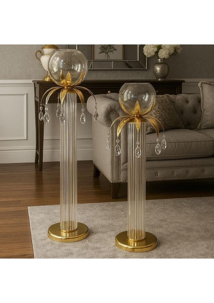 Dekoratif 2'li Boydan Camlı Yer Şamdanı - Gold