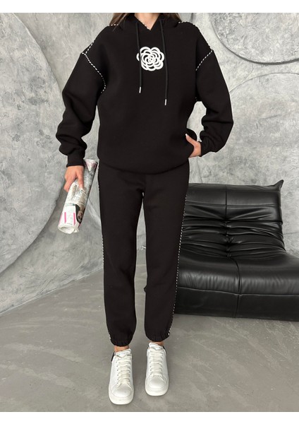 Üç Iplik Tasarım Biyeli Eşofman Takımı Siyah