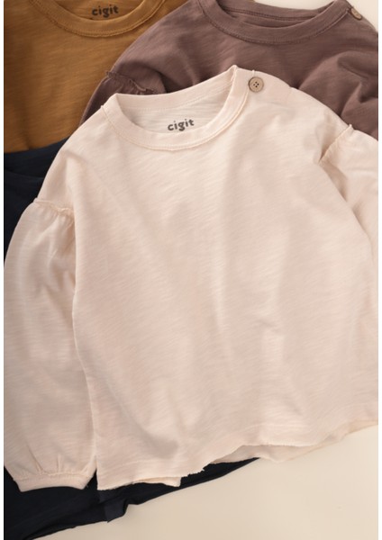 Fırçalı Rustik Uzun Kollu T-Shırt 1-7 Yaş Ekru